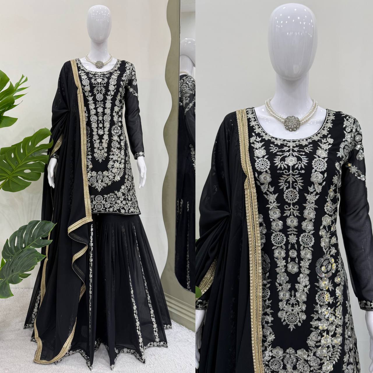 Party Wear Black Color Thread With Sequin Embroidery Work Sharara Suit