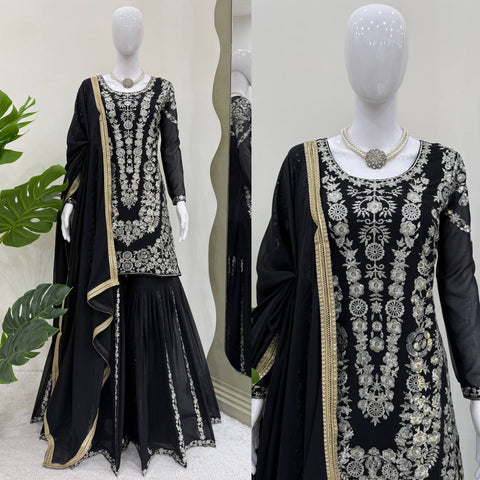 Party Wear Black Color Thread With Sequin Embroidery Work Sharara Suit
