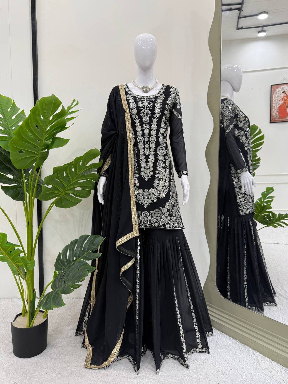 Party Wear Black Color Thread With Sequin Embroidery Work Sharara Suit