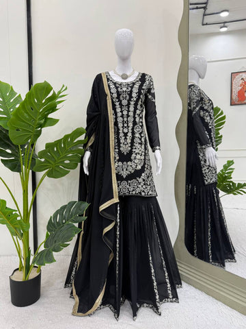 Party Wear Black Color Thread With Sequin Embroidery Work Sharara Suit