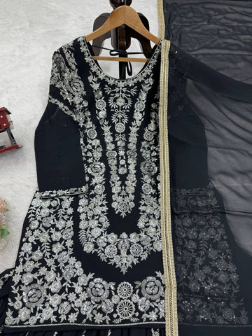 Party Wear Black Color Thread With Sequin Embroidery Work Sharara Suit