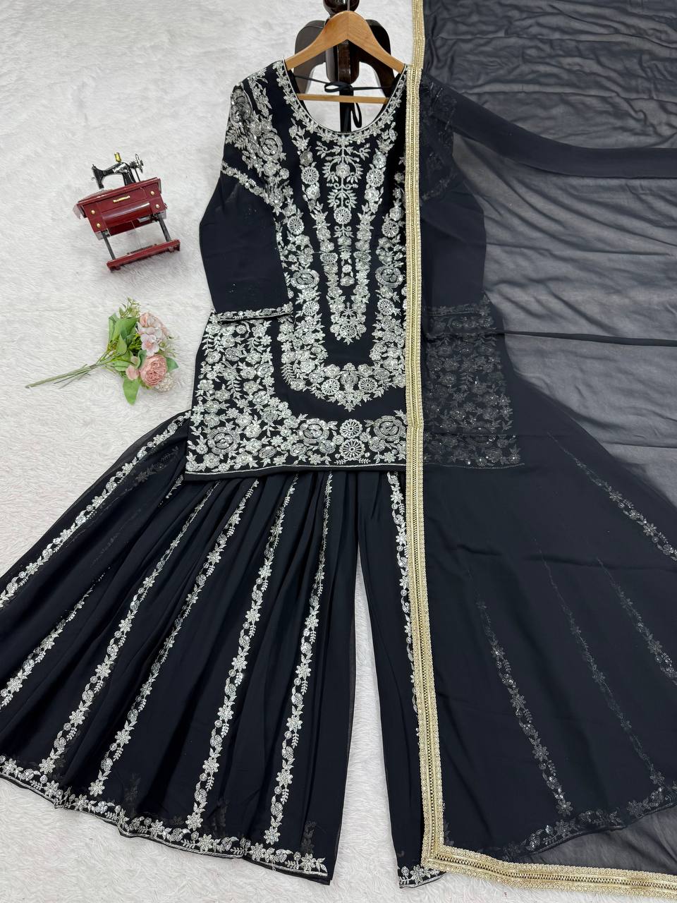 Party Wear Black Color Thread With Sequin Embroidery Work Sharara Suit