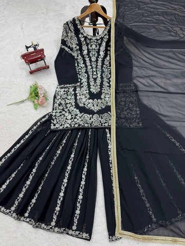 Party Wear Black Color Thread With Sequin Embroidery Work Sharara Suit