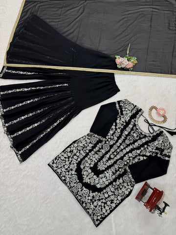 Party Wear Black Color Thread With Sequin Embroidery Work Sharara Suit