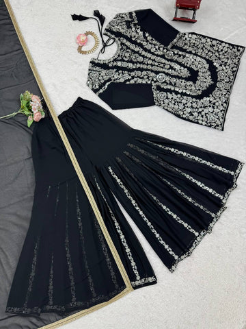 Party Wear Black Color Thread With Sequin Embroidery Work Sharara Suit