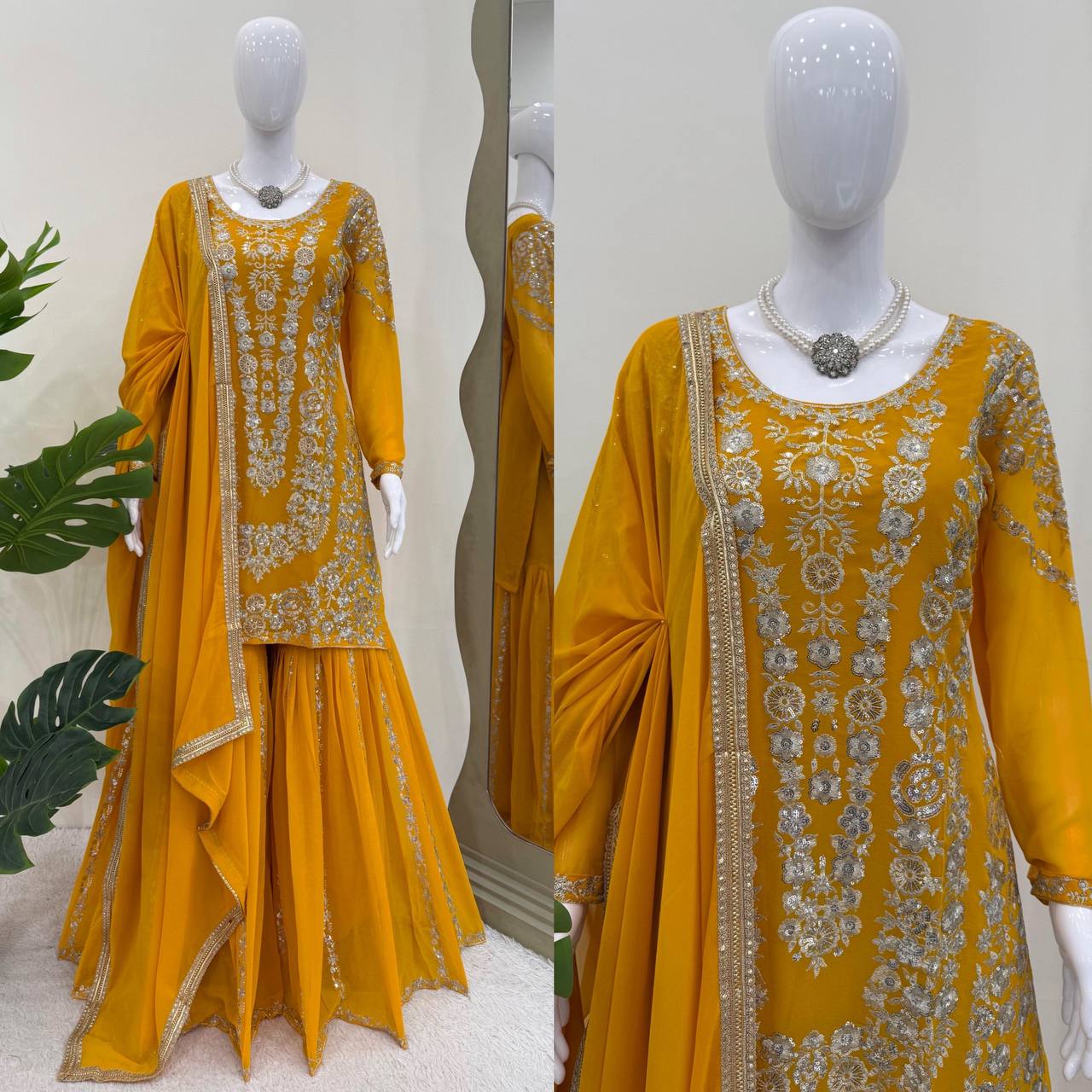 Haldi Wear Yellow Color Thread With Sequin Embroidery Work Sharara Suit