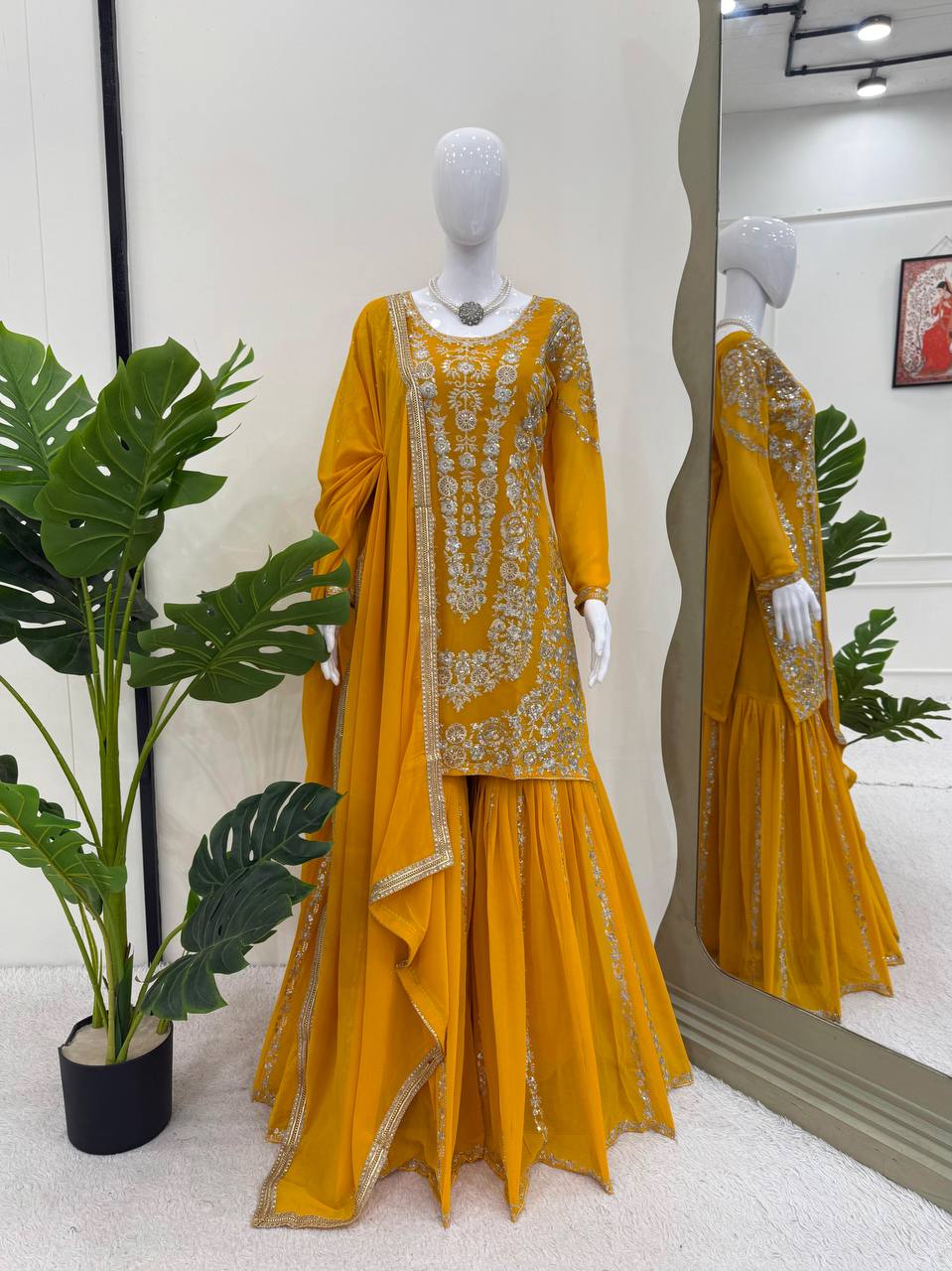 Haldi Wear Yellow Color Thread With Sequin Embroidery Work Sharara Suit