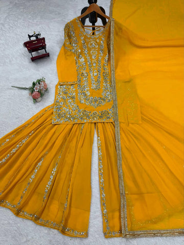 Haldi Wear Yellow Color Thread With Sequin Embroidery Work Sharara Suit