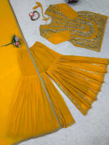 Haldi Wear Yellow Color Thread With Sequin Embroidery Work Sharara Suit