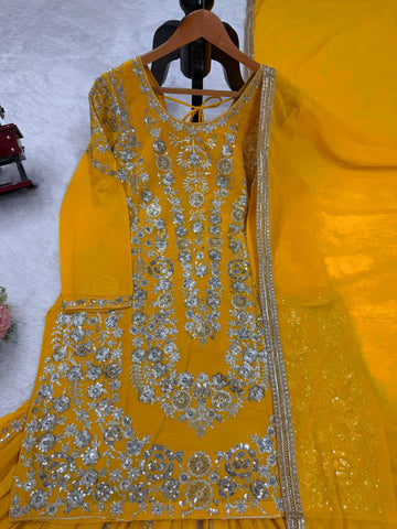 Haldi Wear Yellow Color Thread With Sequin Embroidery Work Sharara Suit