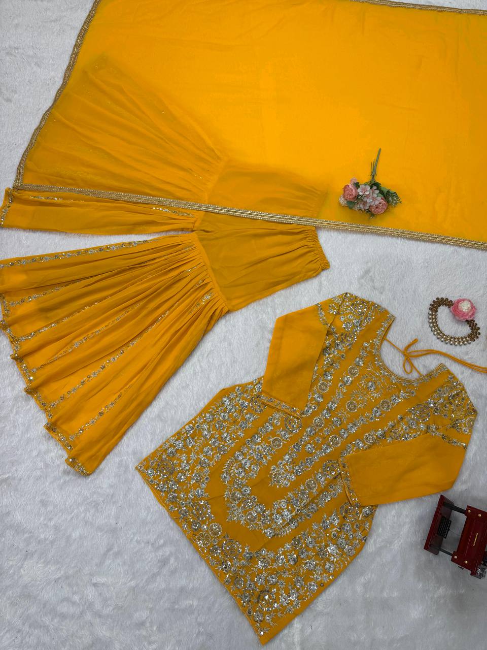 Haldi Wear Yellow Color Thread With Sequin Embroidery Work Sharara Suit
