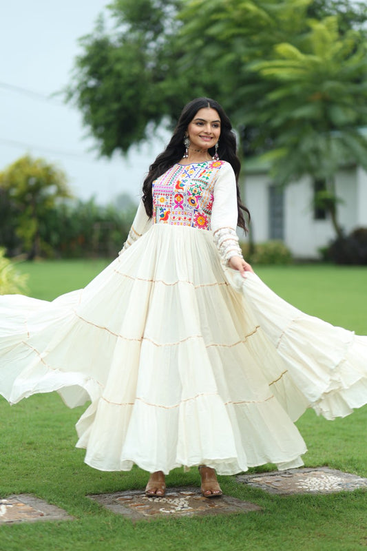 Garba Night Off White Color Multi-Thread Embroidery And Gota Patti Work Navratri Gown