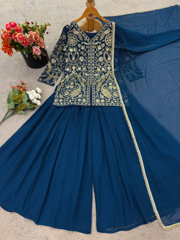 Beautiful Teal Color Embroidered Party Wear Palazzo Set with Dupatta