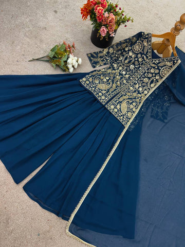 Beautiful Teal Color Embroidered Party Wear Palazzo Set with Dupatta