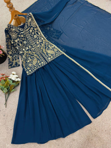 Beautiful Teal Color Embroidered Party Wear Palazzo Set with Dupatta