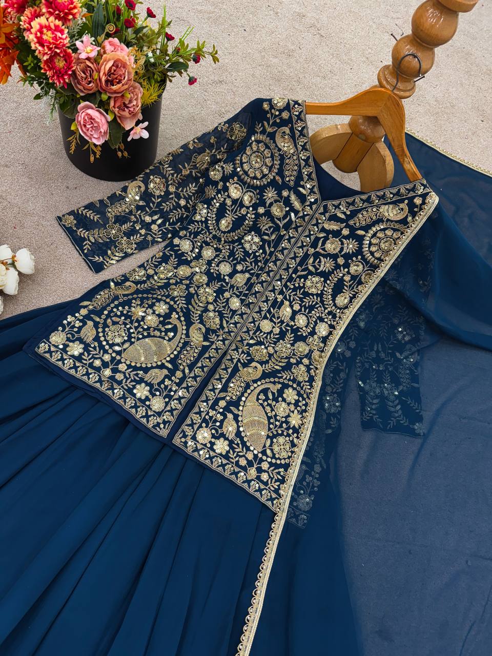 Beautiful Teal Color Embroidered Party Wear Palazzo Set with Dupatta