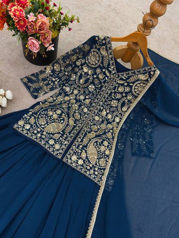 Beautiful Teal Color Embroidered Party Wear Palazzo Set with Dupatta
