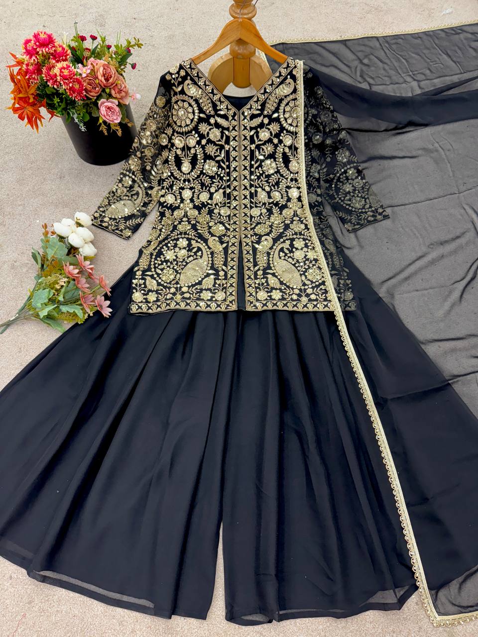 Latest Beautiful Black Color Embroidered Party Wear Palazzo Set with Dupatta