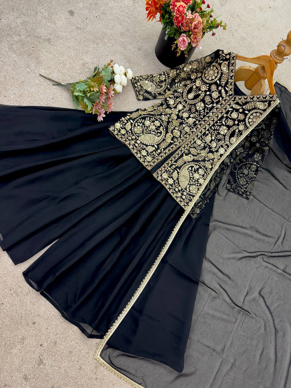 Latest Beautiful Black Color Embroidered Party Wear Palazzo Set with Dupatta