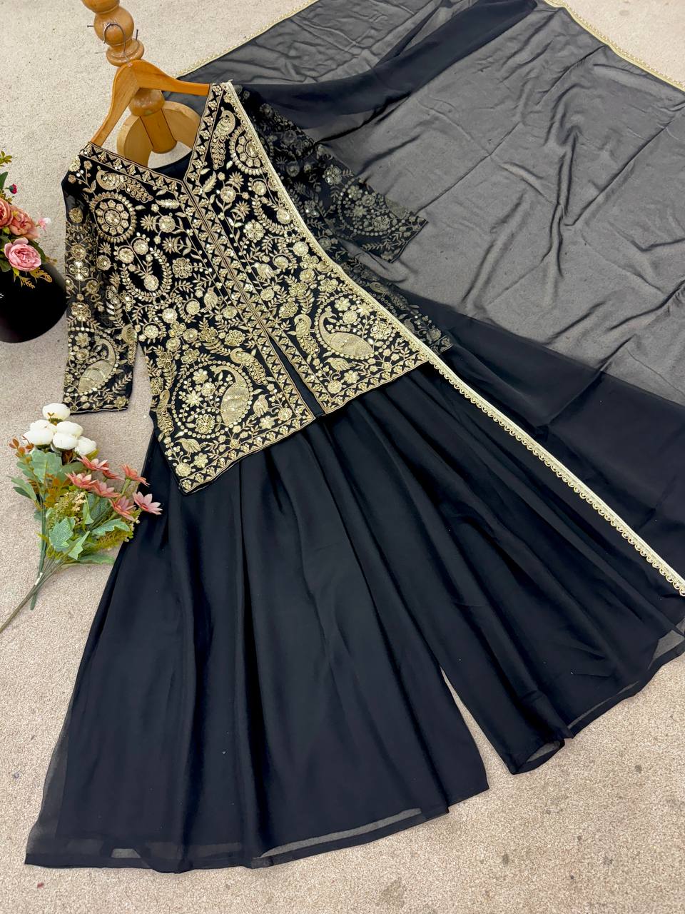 Latest Beautiful Black Color Embroidered Party Wear Palazzo Set with Dupatta