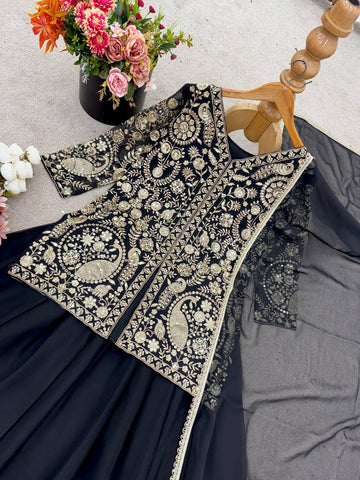 Latest Beautiful Black Color Embroidered Party Wear Palazzo Set with Dupatta