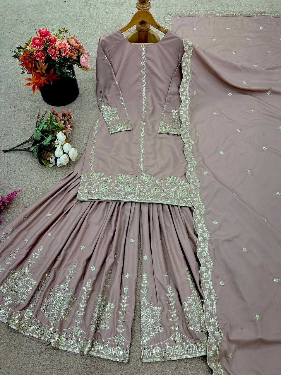 Wedding Wear Dusty Peach Color Embroidery And Sequence Work Sharara Suit