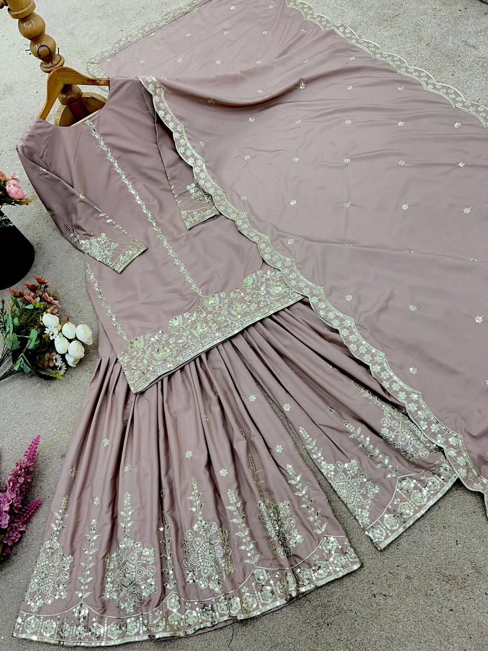 Wedding Wear Dusty Peach Color Embroidery And Sequence Work Sharara Suit