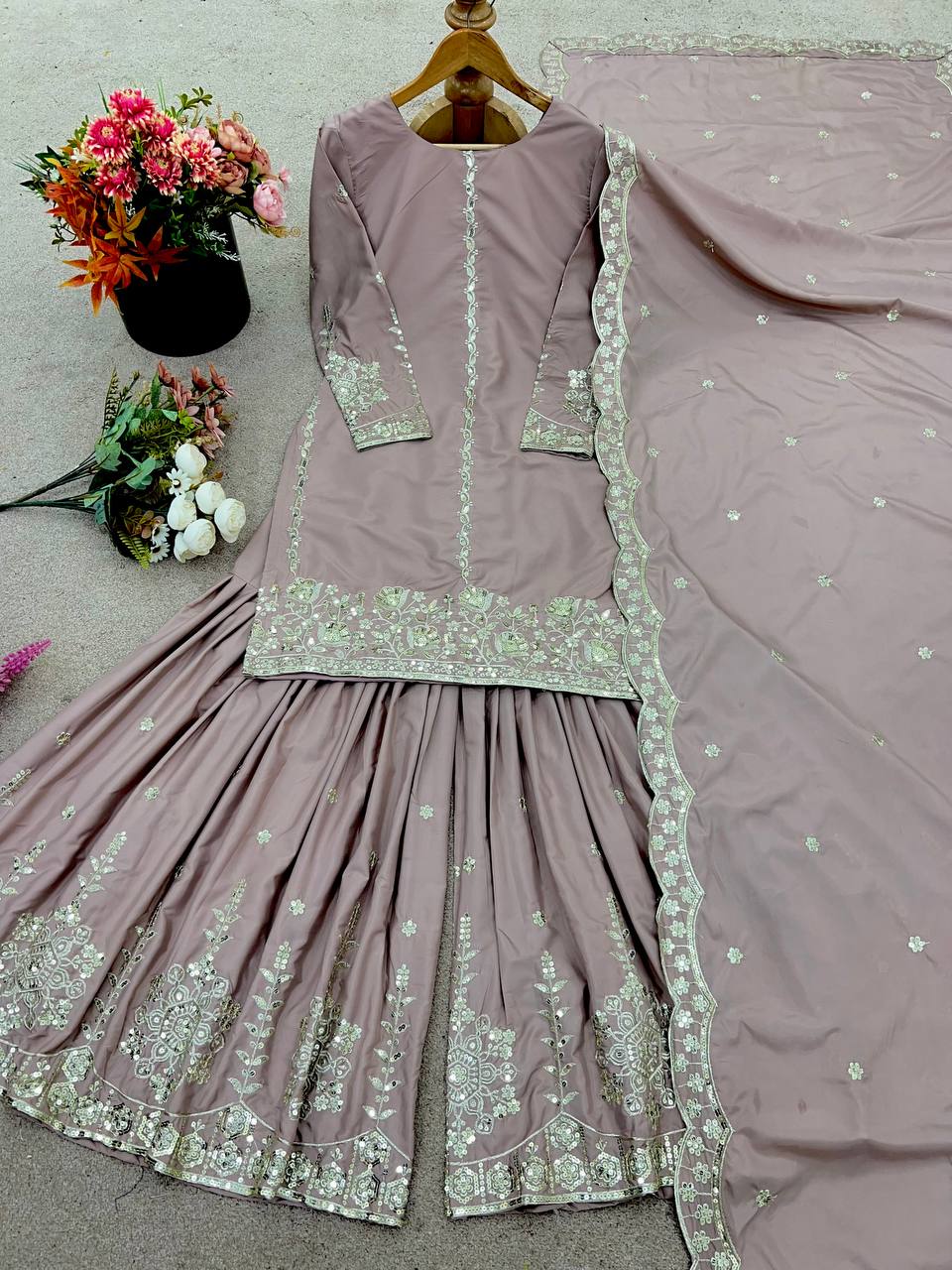 Wedding Wear Dusty Peach Color Embroidery And Sequence Work Sharara Suit