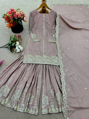 Wedding Wear Dusty Peach Color Embroidery And Sequence Work Sharara Suit