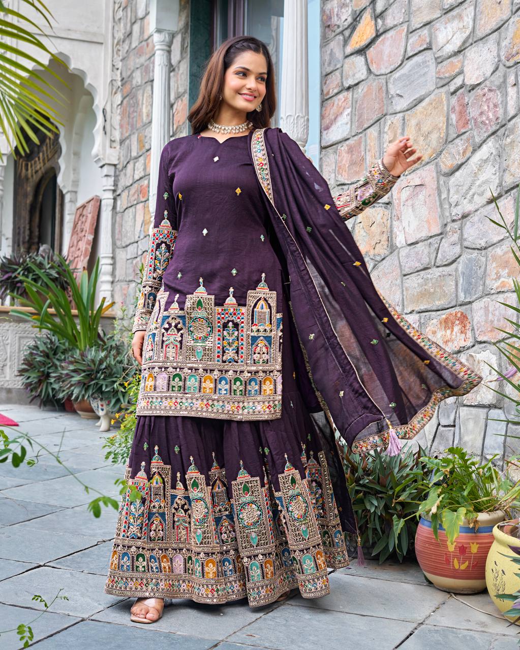 Wedding Wear Purple Color Embroidery With Coding Dori And Sequence Work Palazzo Suit