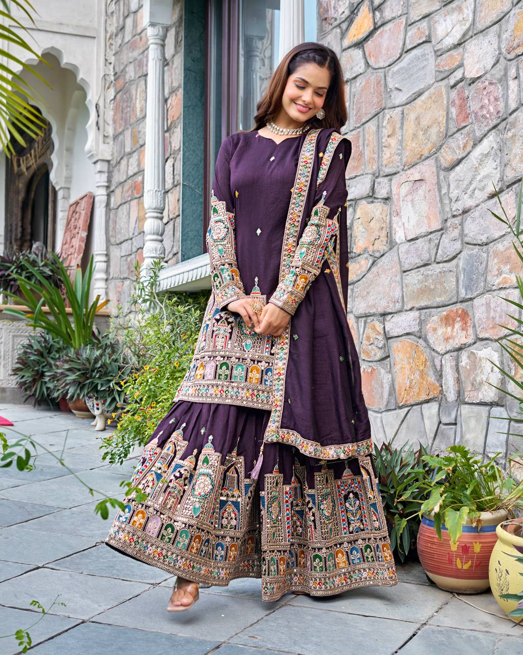 Wedding Wear Purple Color Embroidery With Coding Dori And Sequence Work Palazzo Suit