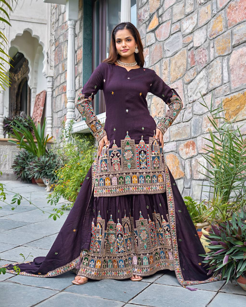 Wedding Wear Purple Color Embroidery With Coding Dori And Sequence Work Palazzo Suit