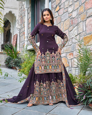 Wedding Wear Purple Color Embroidery With Coding Dori And Sequence Work Palazzo Suit