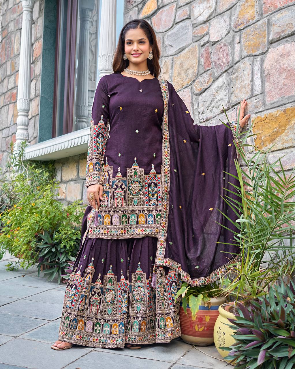Wedding Wear Purple Color Embroidery With Coding Dori And Sequence Work Palazzo Suit