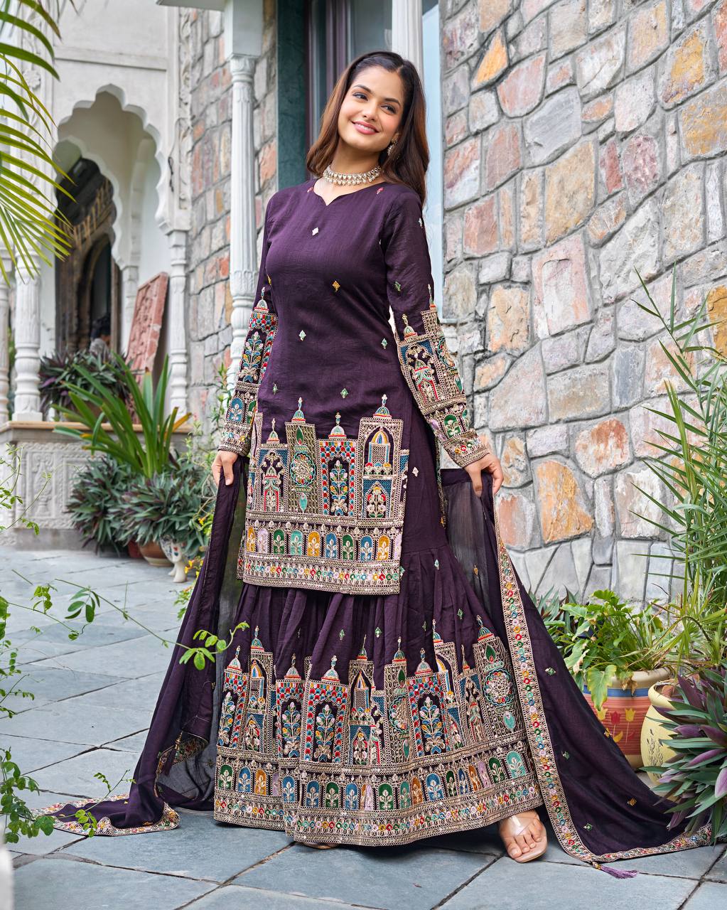 Wedding Wear Purple Color Embroidery With Coding Dori And Sequence Work Palazzo Suit
