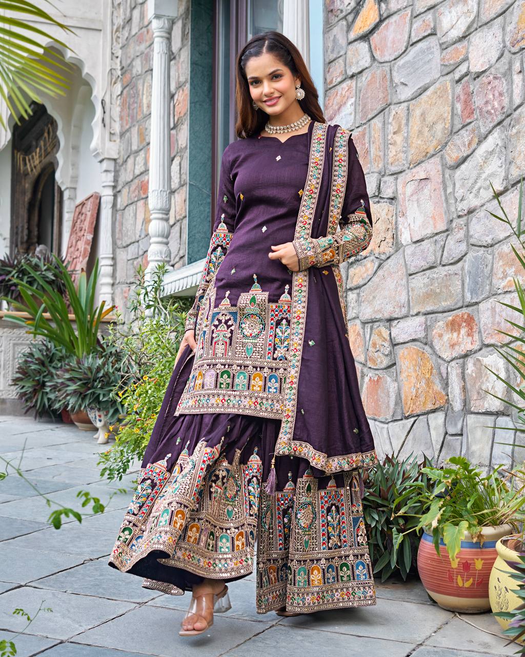 Wedding Wear Purple Color Embroidery With Coding Dori And Sequence Work Palazzo Suit