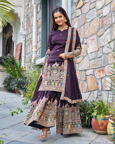 Wedding Wear Purple Color Embroidery With Coding Dori And Sequence Work Palazzo Suit