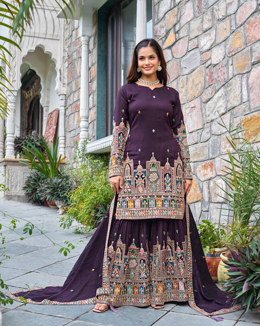 Wedding Wear Purple Color Embroidery With Coding Dori And Sequence Work Palazzo Suit