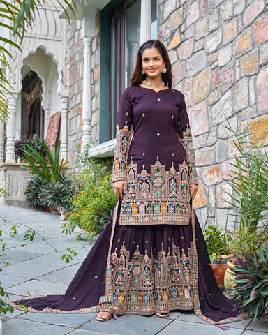 Wedding Wear Purple Color Embroidery With Coding Dori And Sequence Work Palazzo Suit