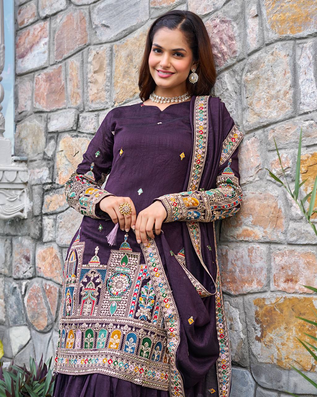 Wedding Wear Purple Color Embroidery With Coding Dori And Sequence Work Palazzo Suit