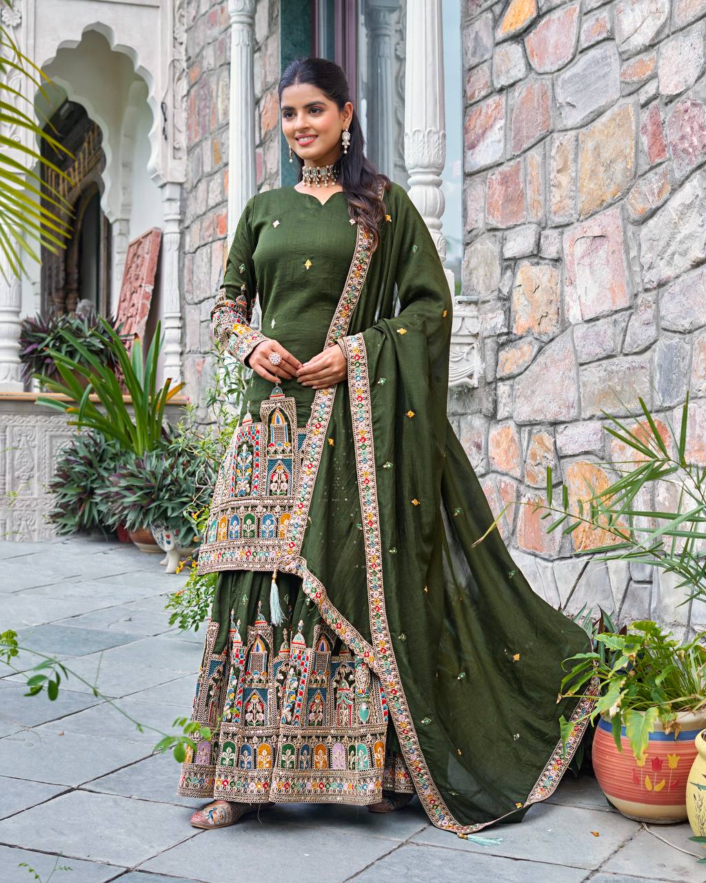 Wedding Wear Green Color Embroidery With Coding Dori And Sequence Work Palazzo Suit