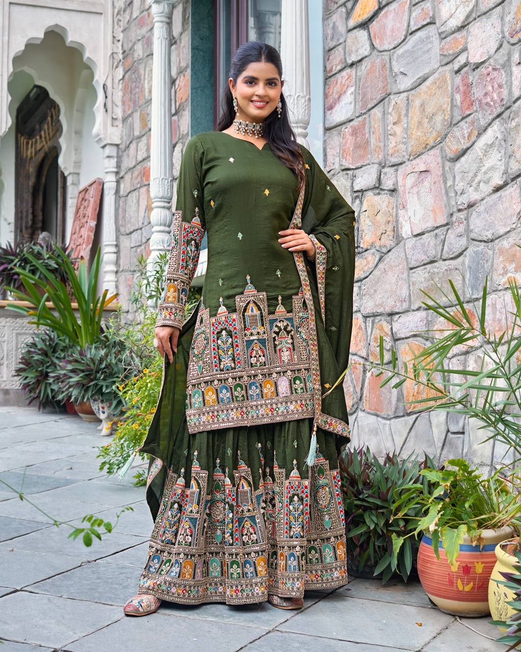 Wedding Wear Green Color Embroidery With Coding Dori And Sequence Work Palazzo Suit