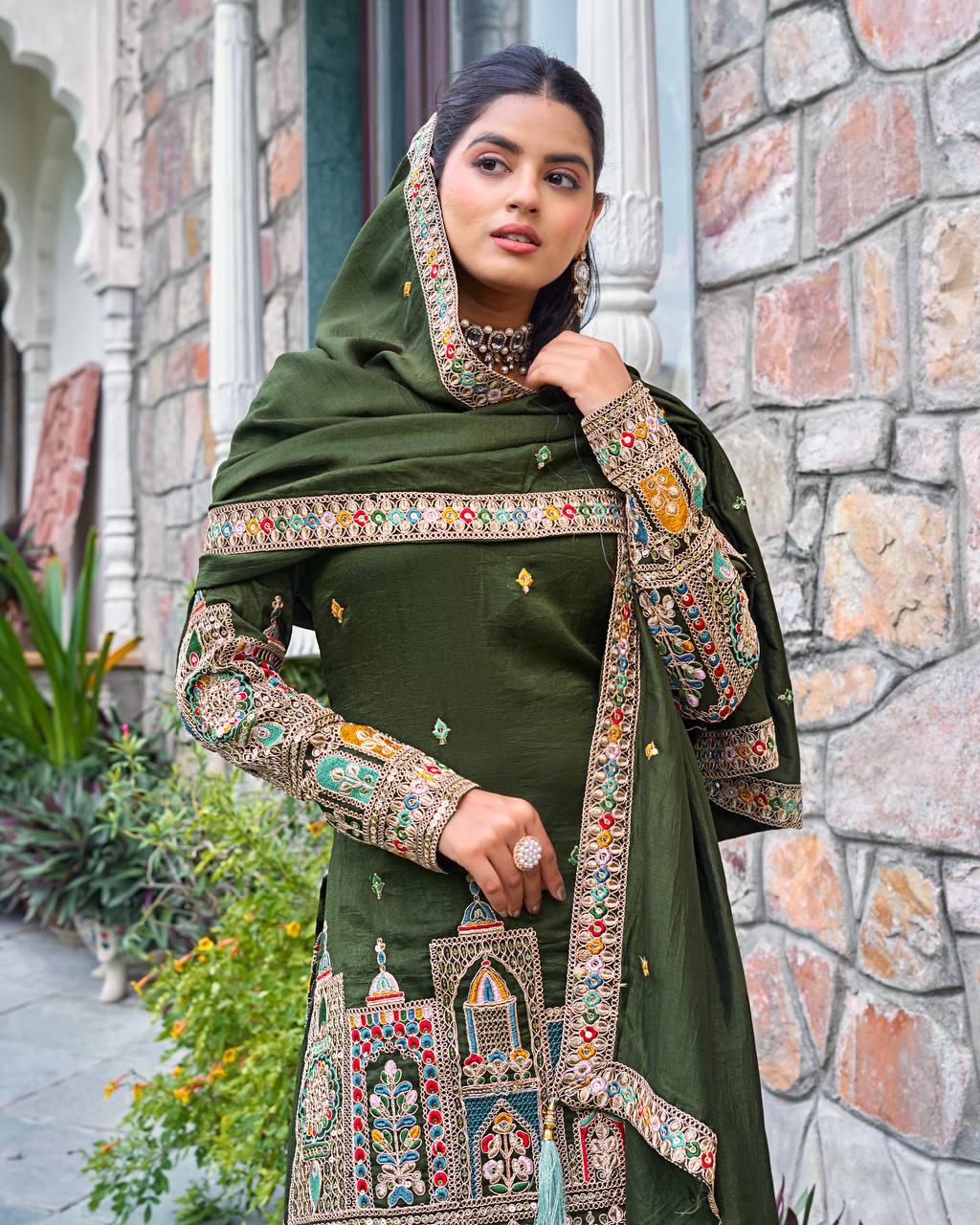 Wedding Wear Green Color Embroidery With Coding Dori And Sequence Work Palazzo Suit