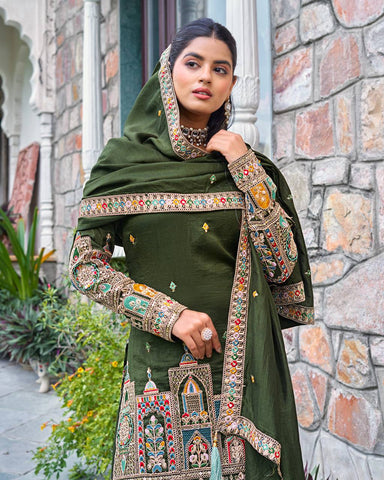 Wedding Wear Green Color Embroidery With Coding Dori And Sequence Work Palazzo Suit