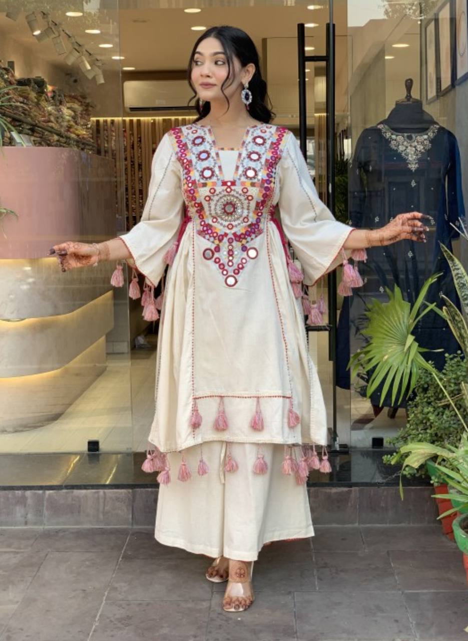 Fetive Wear Off White Color Embroidery With Sequence And Real Mirror Work Palazzo Suit