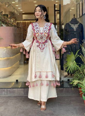 Fetive Wear Off White Color Embroidery With Sequence And Real Mirror Work Palazzo Suit