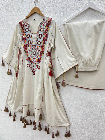 Fetive Wear Off White Color Embroidery With Sequence And Real Mirror Work Palazzo Suit