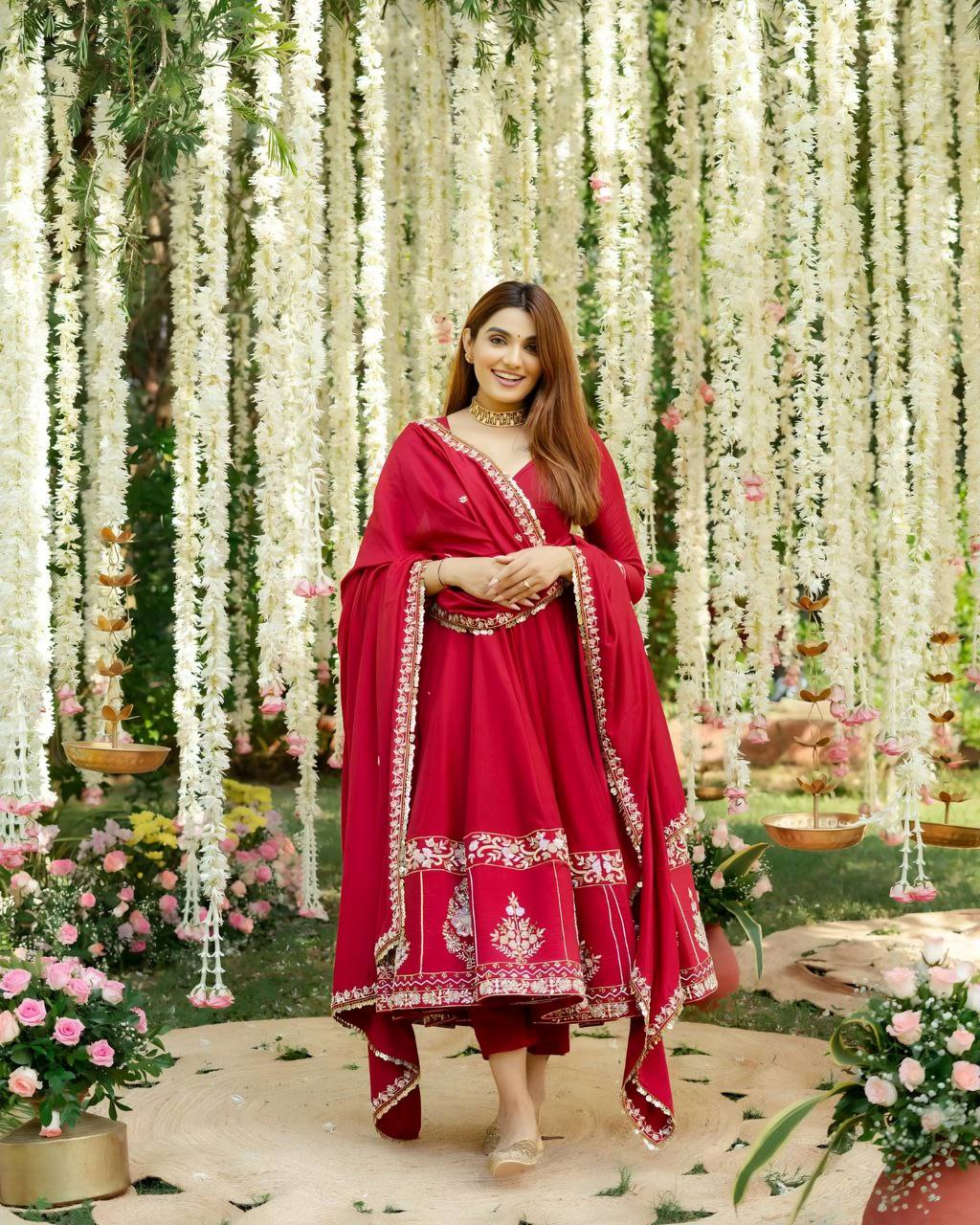 Wedding Wear Red Color Embroidered Sequins And Thread Work Anarkali Gown