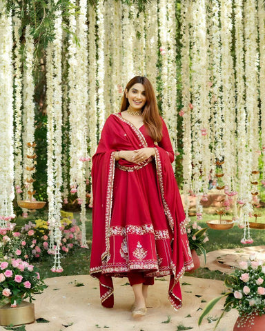 Wedding Wear Red Color Embroidered Sequins And Thread Work Anarkali Gown