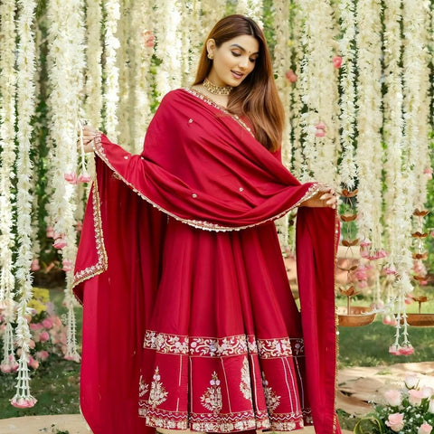 Wedding Wear Red Color Embroidered Sequins And Thread Work Anarkali Gown